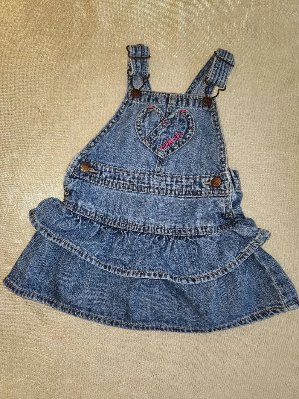 OshKosh B'gosh Girls Denim Jumper Dress Ruffle Tiered Heart 18 Months